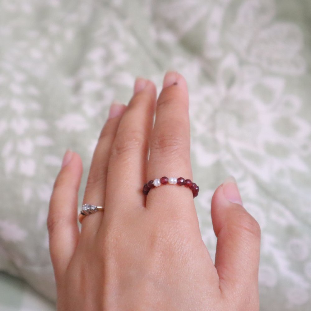 Garnet Stone Bead Ring with Seed Pearls